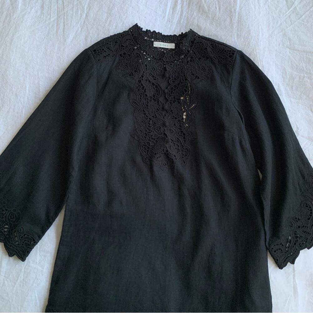 NWT Doen Roselie Linen Lace Crochet Collar 3/4 Sleeve Tunic Mini Dress Black - Picture 10 of 16